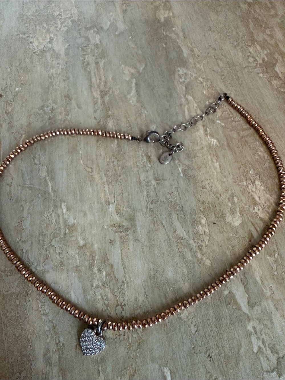 Rose Gold Beaded Necklace with Pave Heart Charm